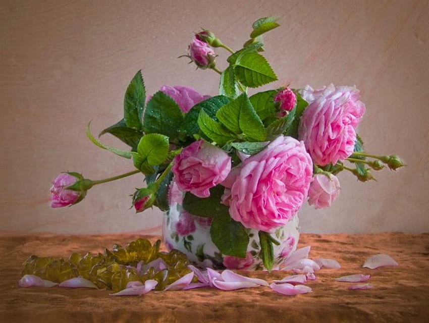 Lindas rosas, coloridas, naturais, rosas, florais, vaso, natureza morta, rosa, pétalas, flores, perfume papel de parede HD