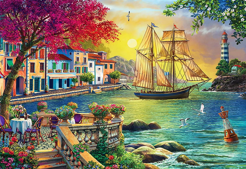 Hermosa puesta de sol en la ciudad, costa, obras de arte, mar, velero, pintura, árboles, rocas, casas fondo de pantalla