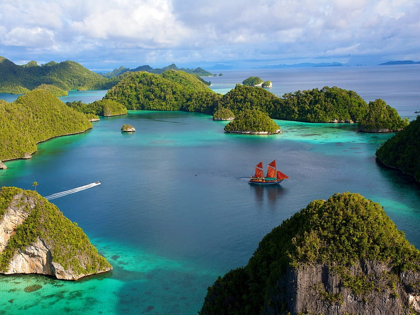 islas paradisiacas, islas, rocas, oceano, barco fondo de pantalla