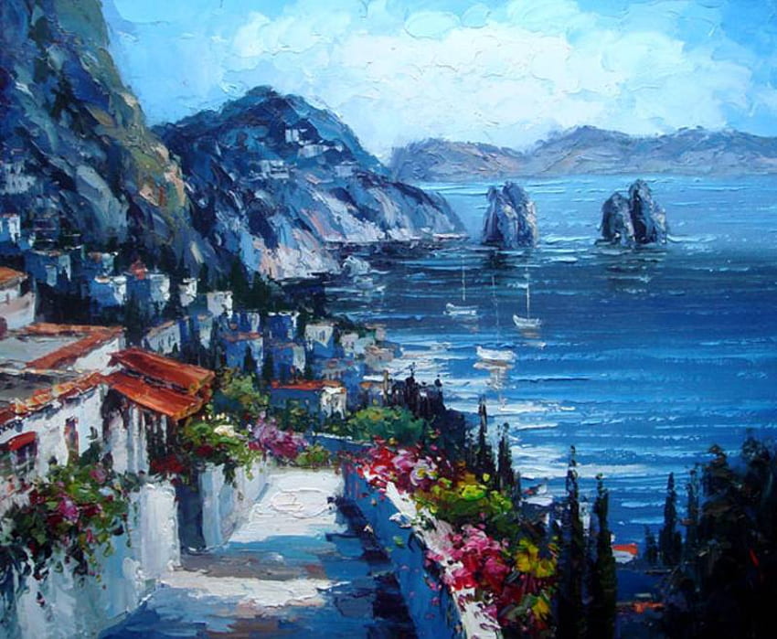 Una vacanza mediterranea, mare, mediterraneo, ville, pittura Sfondo HD