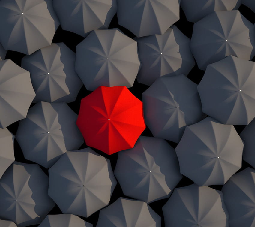 One red umbrella between dozens of gray umbrellas HD wallpaper