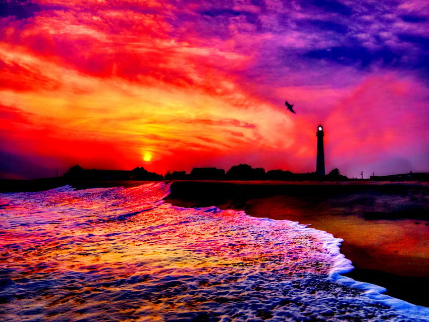 Lighthouse at sunset, colorful, colors, peaceful, dusk, nice, shore, waves, reflection, ocean, sea, lighthouse, sundown, beautiful, rough, dark, purple, pink, clouds, nature, waters, sky, lovely, sunsetm sunrise HD wallpaper