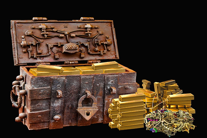 Златен сандък със съкровища Слитки Черен фон, Кутия със съкровища HD тапет