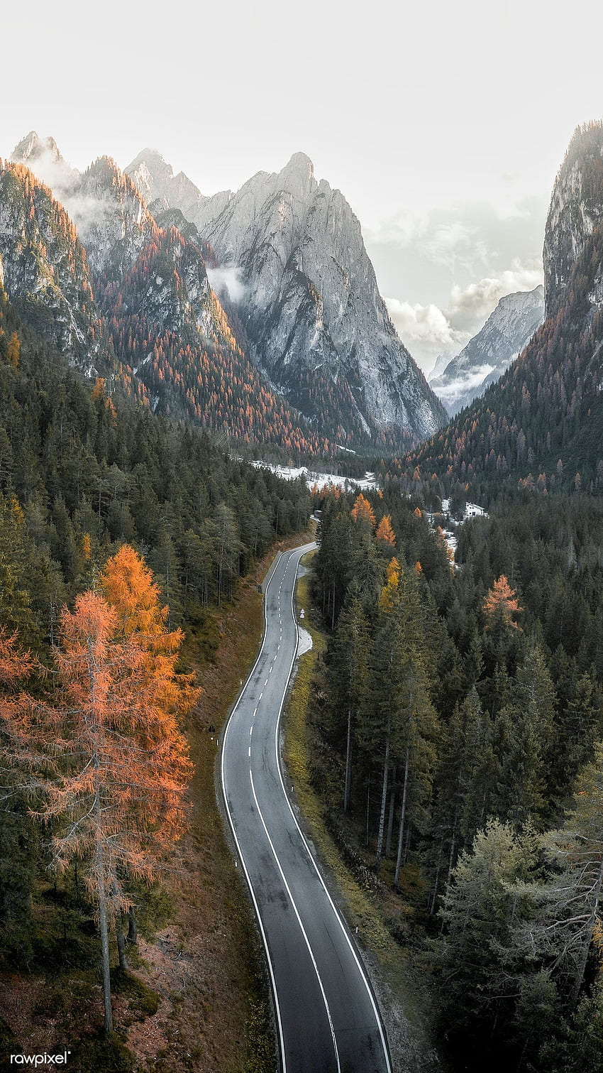Road in Dolomites valley mobile background. Royalty stock HD phone wallpaper