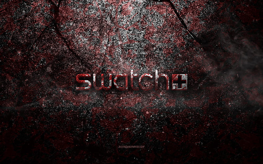 Swatch logo, grunge art, Swatch stone logo, red stone texture, Swatch, grunge stone texture, Swatch emblem, Swatch 3d logo HD wallpaper