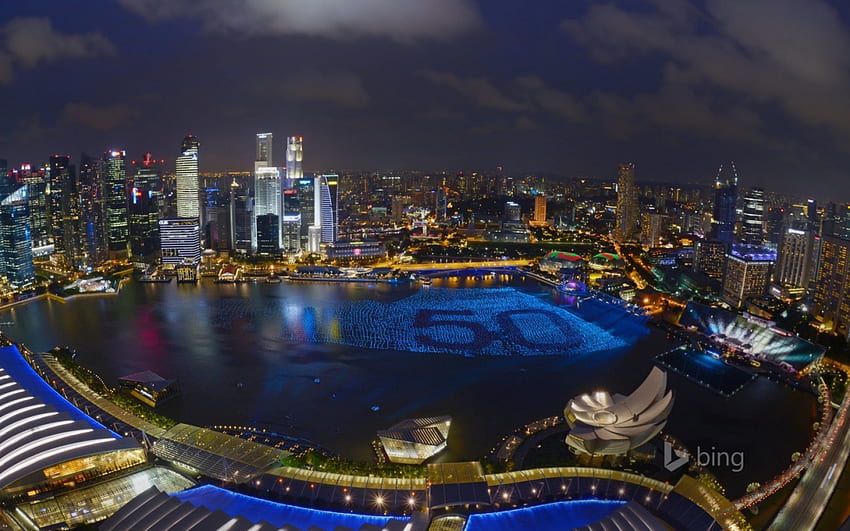 Singapur, Nacht, Architektur, Wolkenkratzer, Lichter, Wolken, schön, Wasser HD-Hintergrundbild