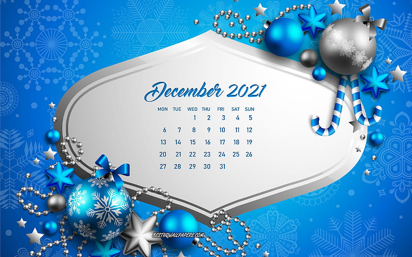 2021年12月のカレンダー, , 青いクリスマスの背景, 12月, 青いクリスマスボール, 2021年12月のカレンダー, 2021年のコンセプト 高画質の壁紙