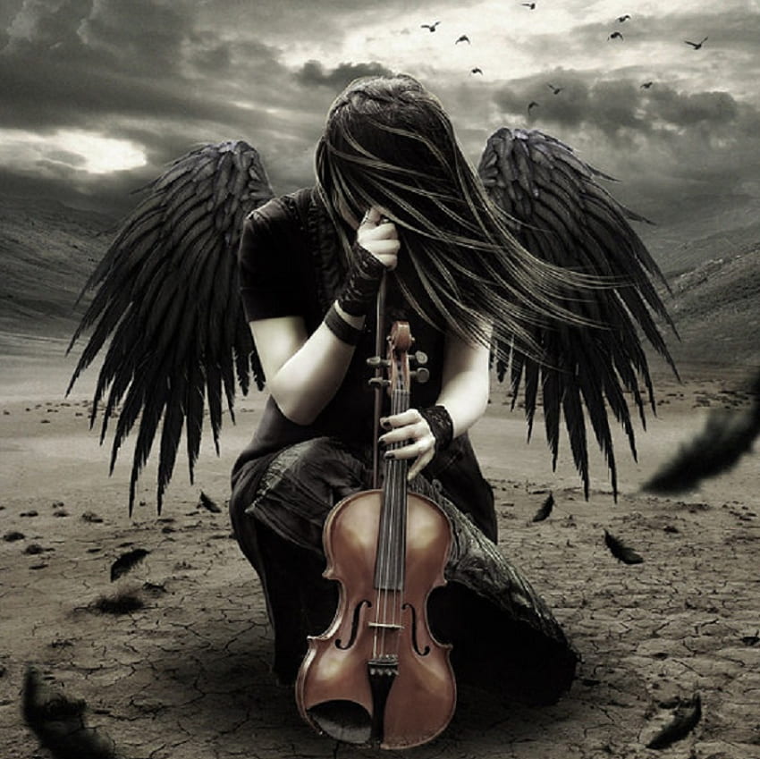 Музика на ангели, пера, фантазия, облаци, небе, ангел, цигулка, жена HD тапет