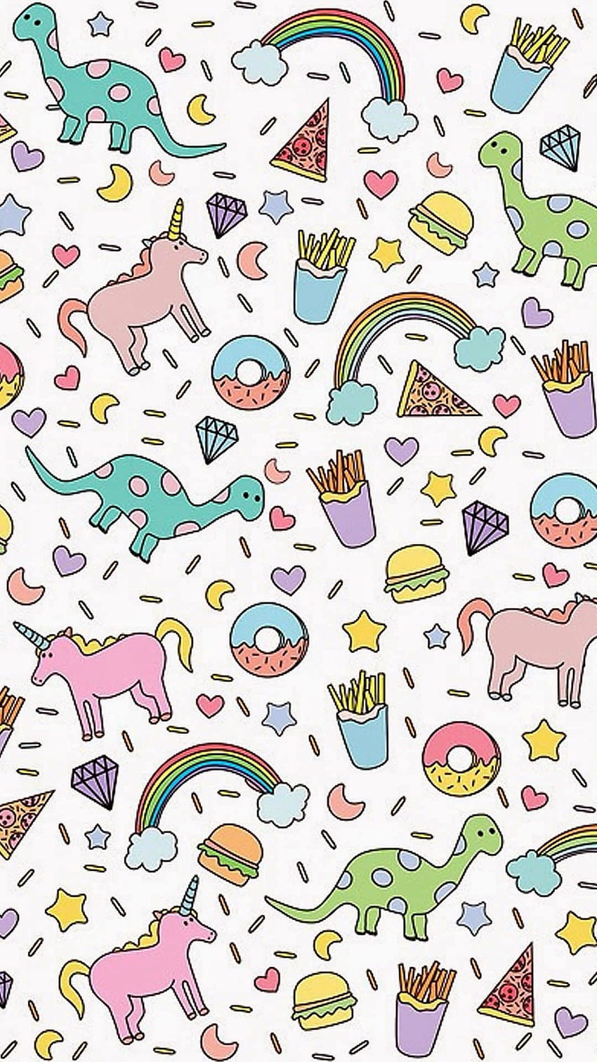 Licornes, dinosaures, beignets, hamburgers et motif de frites, Unicorn Print Fond d'écran de téléphone HD