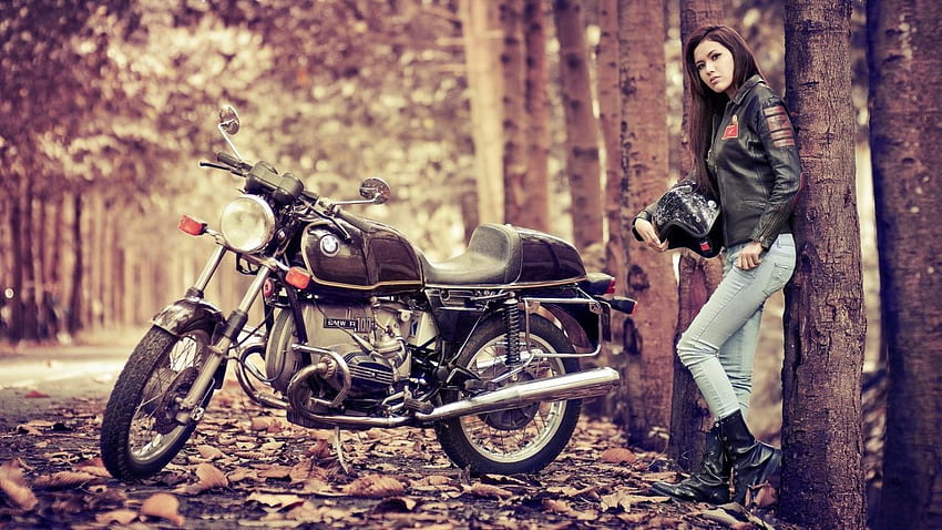 Vehicles motorcycles bikes roads autumn fall leaves women, Model Fall HD wallpaper