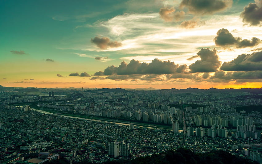 ソウル、韓国、メガロポリス、建物、住宅、雲、韓国の風景 高画質の壁紙