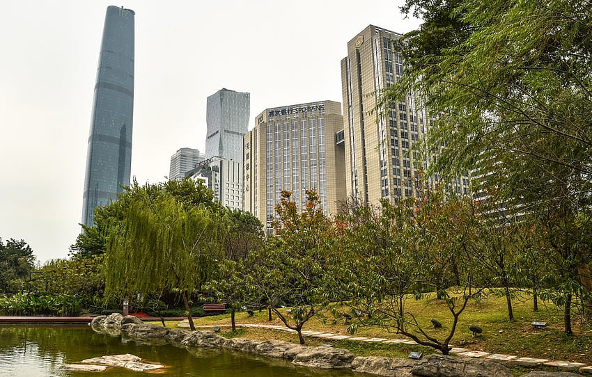 trees, pond, Park, stones, building, home, skyscrapers, China, Guangzhou for , section город, Guangzhou Skyline HD wallpaper