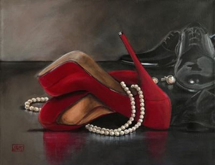 femininity, stilettos, black, shoes, red, pearls HD wallpaper