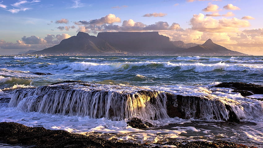 Ocean Waves, island, waves, clouds, seascape, waterfall, sky, nature, ocean HD wallpaper