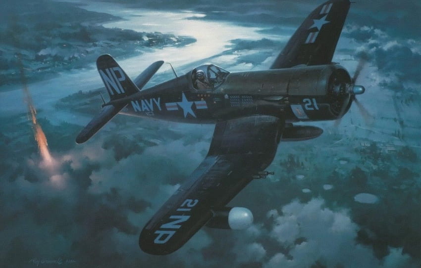 самолет, война, изкуство, живопис, авиация, Втората световна война, Vought F4U, Corsair Plane HD тапет