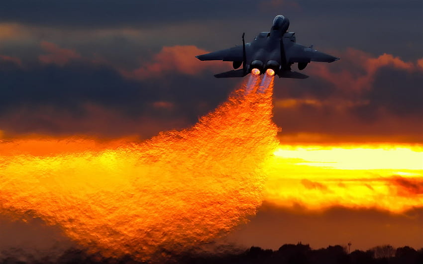 McDonnell Douglas F-15E Strike Eagle, F15E, evening, sunset, F-15 takeoff, US Air Force, military aircraft, combat aviation HD wallpaper
