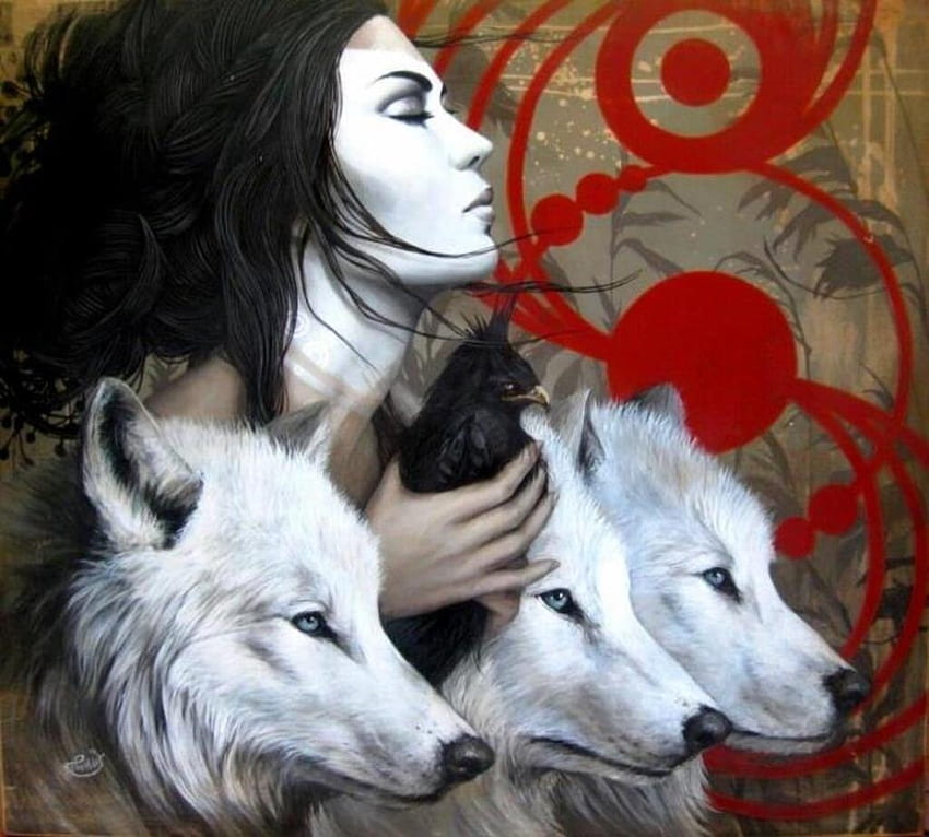 The pack, pack, art, pictura, sophie wilkins, face, girl, wolf, lup, painting HD wallpaper