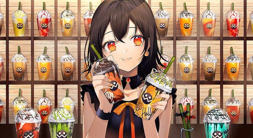 Anime Girl, Waitress, Coffee Shop, Cute, Orange Eyes, Sweet Drinks HD wallpaper