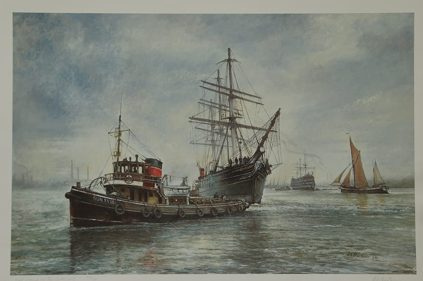 タグボート、水、牽引、帆船の雲 高画質の壁紙