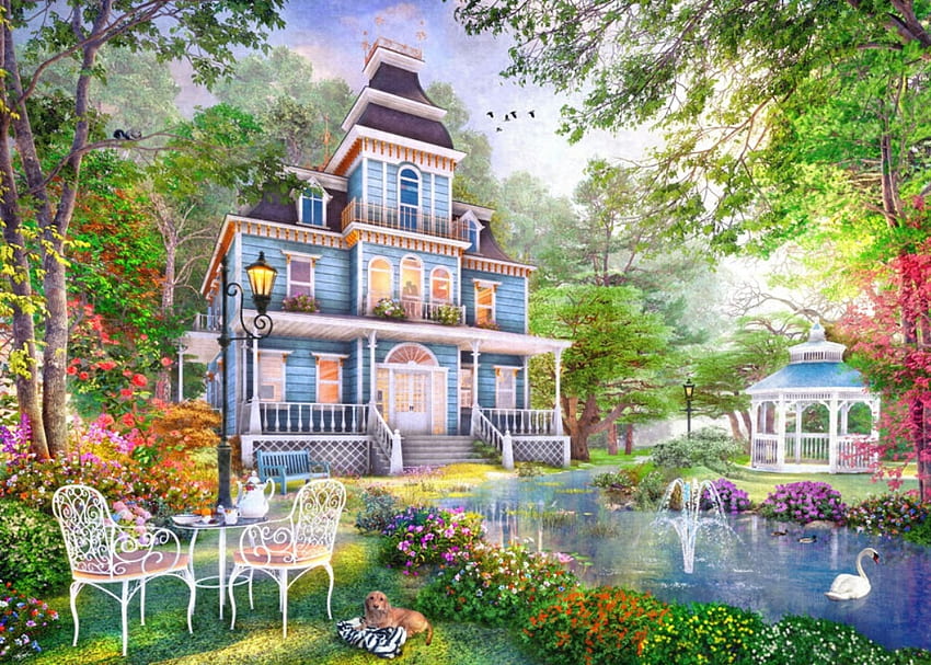 American Victorian House, american, art, painting, house, dominic davison, pictura, victorian, sunset, water HD wallpaper
