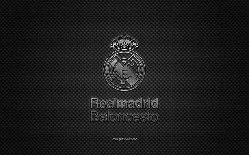 Real Madrid Baloncesto, hiszpański klub koszykówki, srebrne logo, szare tło z włókna węglowego, Liga ACB, koszykówka, Madryt, Hiszpania, logo Real Madrid Baloncesto Tapeta HD