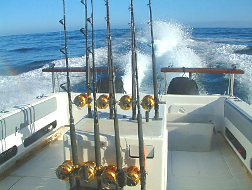 8 Power Reels, rods, boat, reels, big sea HD wallpaper