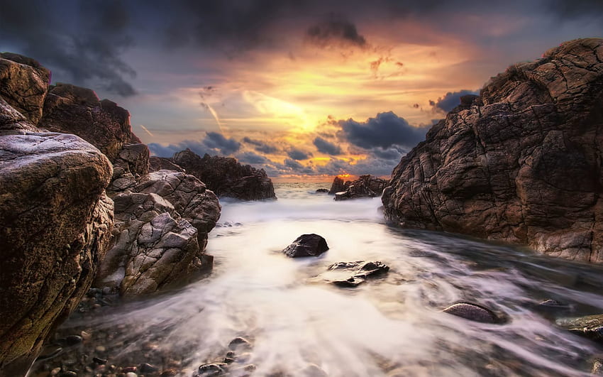 Natur, Wasser, Steine, Himmel, Meer, Wolken, Lumen, Felsen, Fluss, Bach, Öffnung HD-Hintergrundbild
