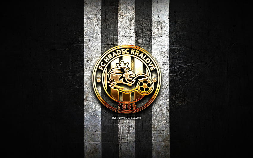 Hradec Kralove FC, golden logo, Czech First League, black metal background, football, czech football club, FC Hradec Kralove logo, soccer, FC Hradec Kralove HD wallpaper