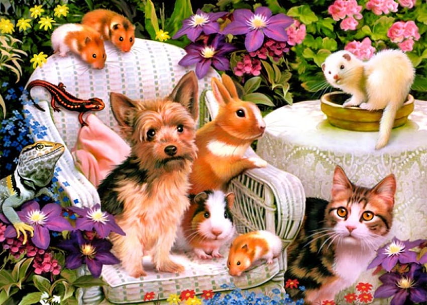 Por Howard Robinson, perro, gatito, animal, arte, howard robinson, gato, cachorro, pintura, flor fondo de pantalla