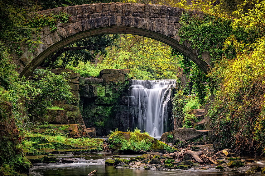 Jesmond Dean Waterfall Framed by old Bridge, bridge, waterfall, nature, england HD wallpaper