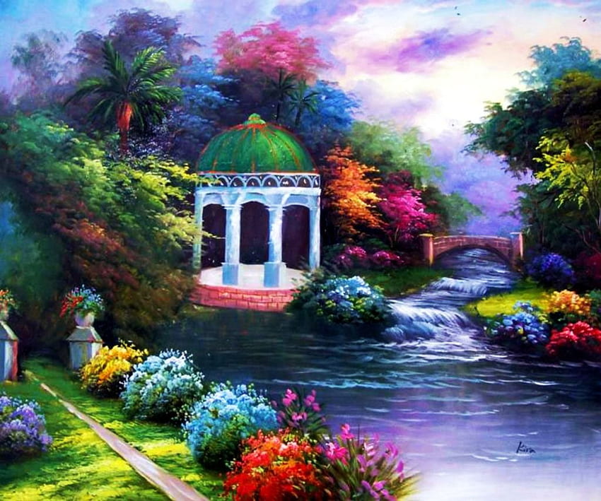 River Park, artwork, painting, gazebo, trees, flowers, riverside HD wallpaper