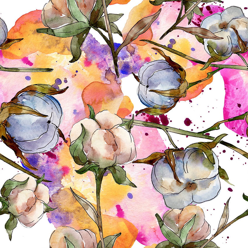 Flores botânicas florais de algodão branco. Conjunto de ilustração em aquarela. Padrão de fundo sem emenda. textura de impressão. Estoque e Papel de parede de celular HD