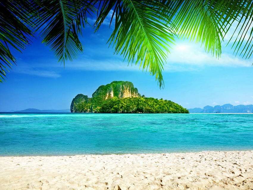 tropikalna wyspa, wyspa, promienie, niebieski, kryształ, światło słoneczne, tropikalny, plaża, brzeg, odbicie, piaski, drzewa, woda, słońce, m połysk, ocean, palmy, dłonie, morze, tropiki, egzotyczny, szmaragd, gałęzie, natura , niebo, jasny Tapeta HD