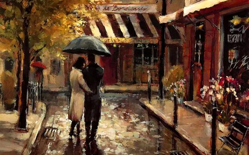 Amazing Art graphy Of Romance In A Rainy Day, Rainy Day Painting HD wallpaper
