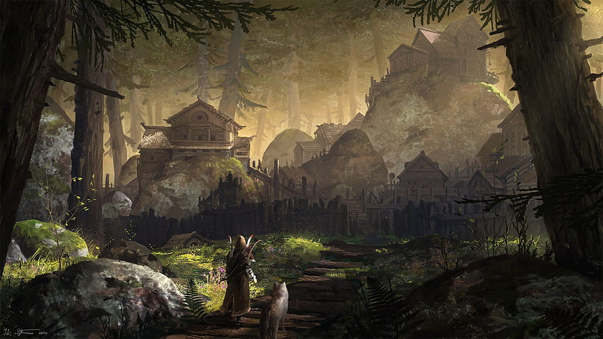 Fantasy City Village Forest Warrior Wolf. Горско село, Фентъзи село, Фентъзи изкуство HD тапет