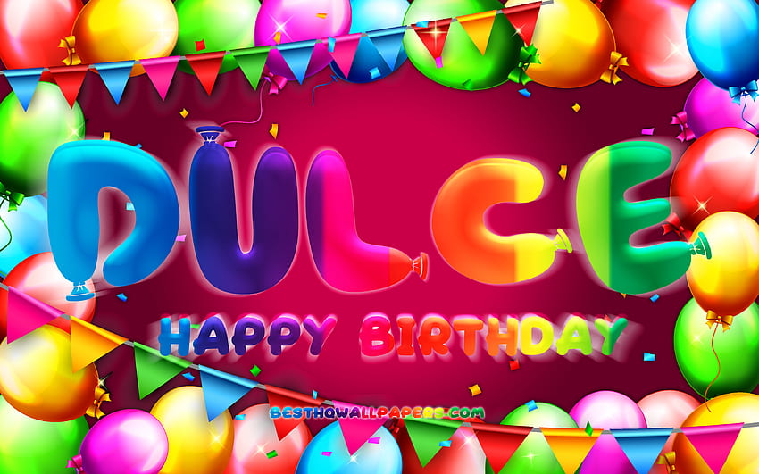 Happy Birtay Dulce, quadro balão colorido, nome Dulce, fundo roxo, Dulce Happy Birtay, Dulce Birtay, nomes femininos americanos populares, conceito Birtay, Dulce papel de parede HD