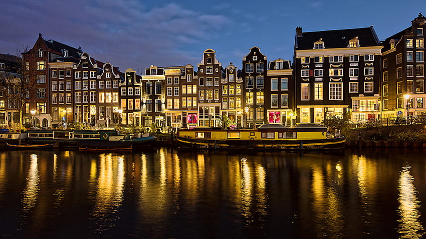 アムステルダム オランダ 運河の夜、アムステルダム 2560X1440 高画質の壁紙