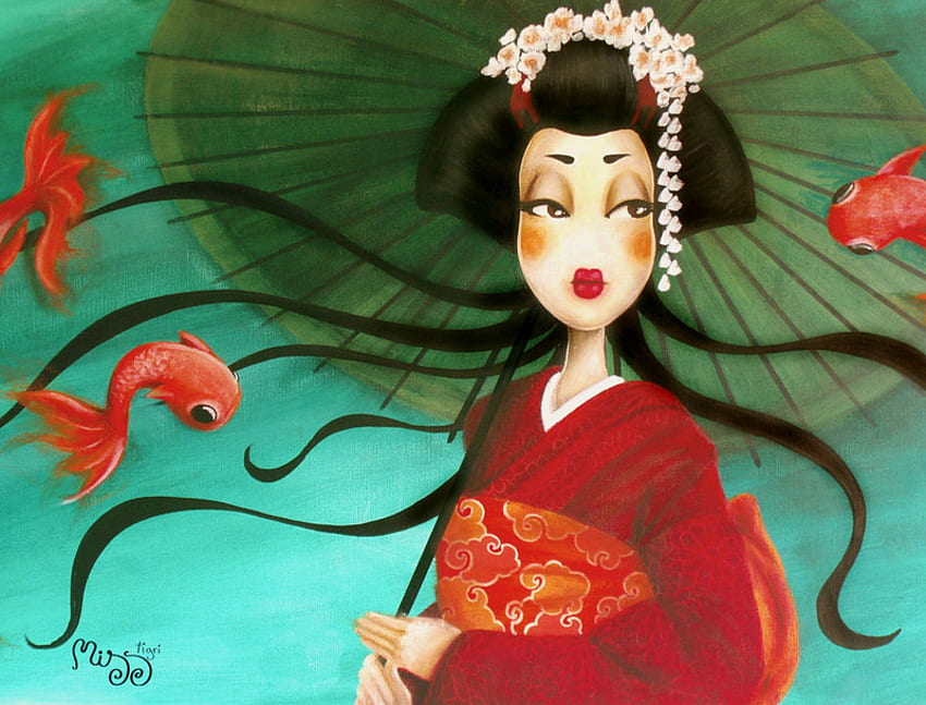 geisha con koi girl.jpg, geisha, pesce, ragazza, koi, orientale Sfondo HD