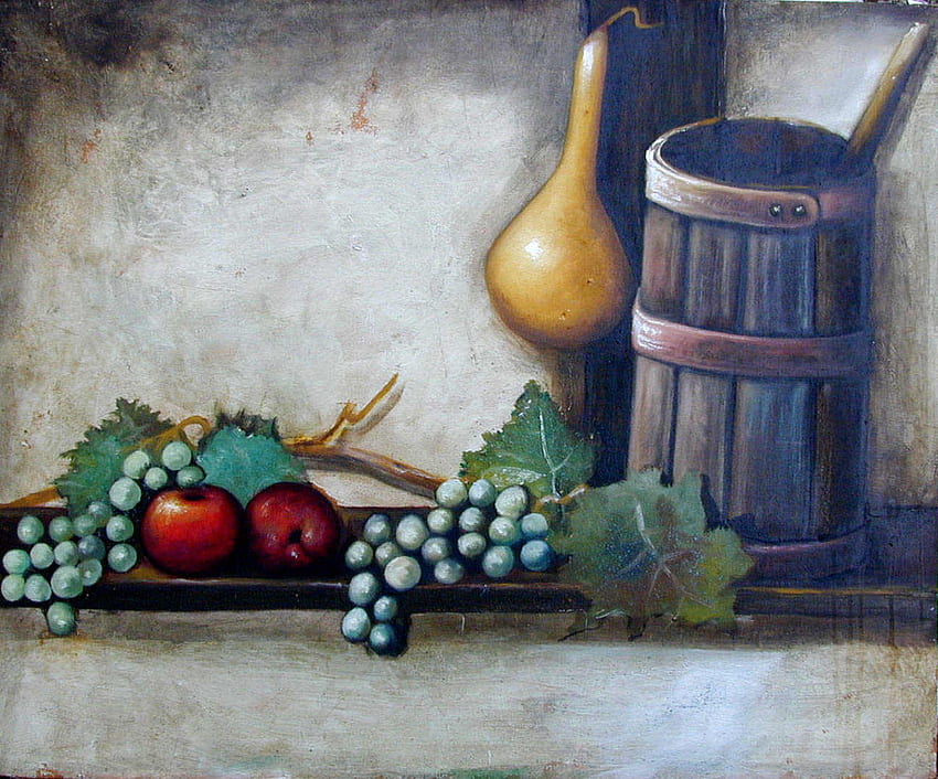 Shed Things, shelf, grapes, gourd, leaves, shed, apples, cool, bucket, autumn HD wallpaper