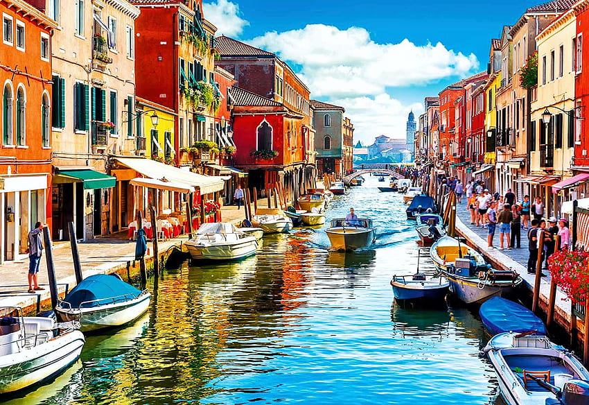 Murano Island, Venice, artwork, canal, digital, houses, boats HD wallpaper