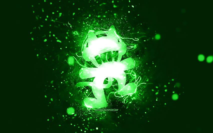Monstercat green logo, , canadian DJs, green neon lights, creative, green abstract background, Monstercat logo, music stars, Monstercat HD wallpaper