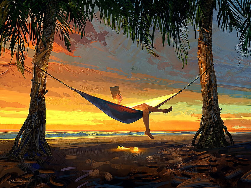 Chillout, frumusete, art, relax, hammock, summer, palm tree, yellow, luminos, artem chebokha, vara, sunset HD wallpaper