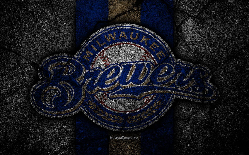Milwaukee Brewers, logotipo, MLB, beisebol, EUA, pedra preta, Major League Baseball, textura do asfalto, arte, clube de beisebol, Milwaukee Brewers logo para com resolução. Alta qualidade papel de parede HD