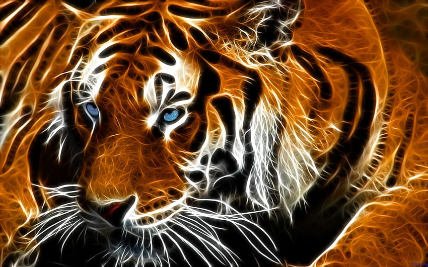 tigre aux yeux bleus par billstelling art numérique art fractal je pense, peau de tigre Fond d'écran HD