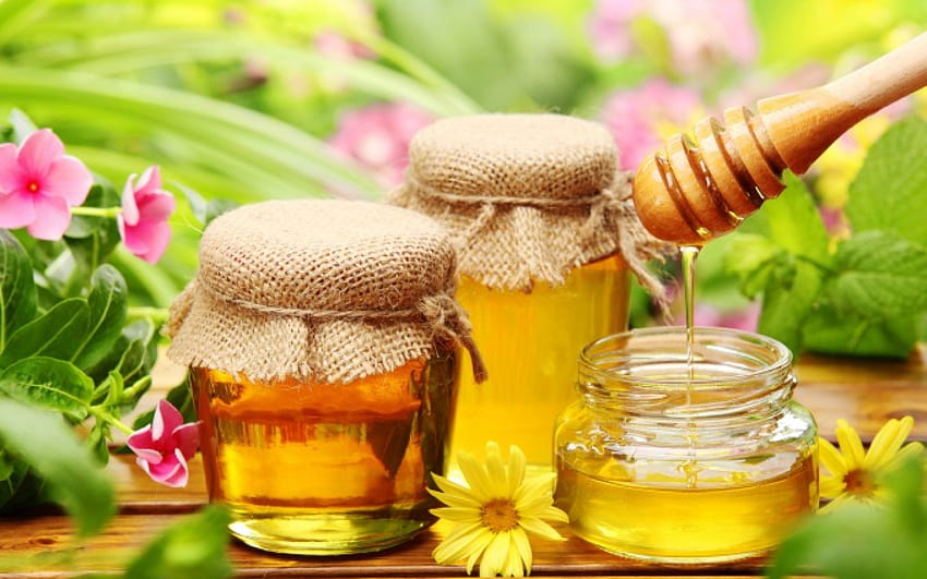 Jars - honey, colored, honey, flowers, Jars HD wallpaper