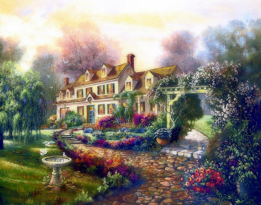 Thistle Dew Gardens, arsitektur, atraksi dalam mimpi, warna, lukisan, indah, rumah, kreatif siap pakai, taman, cinta empat musim, pedesaan, pohon, alam, bunga, rumah, tempat, menakjubkan Wallpaper HD