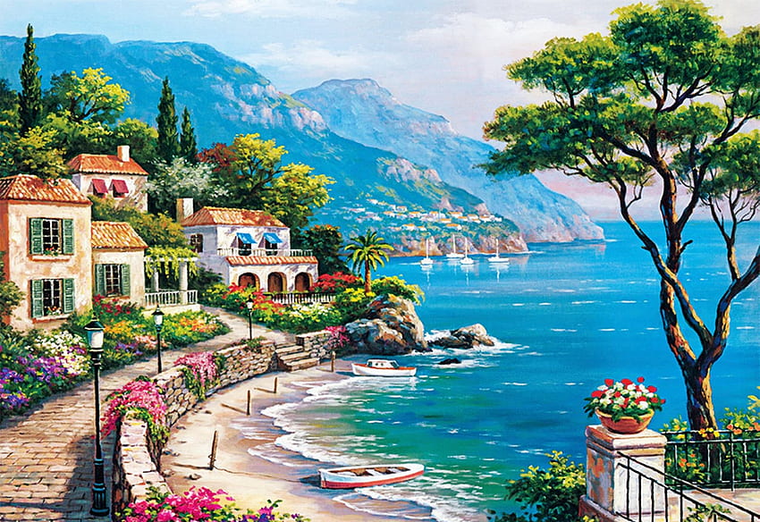 シーサイド エスケープ、海、丘、絵画、海岸、木々、地中海、家、村 高画質の壁紙