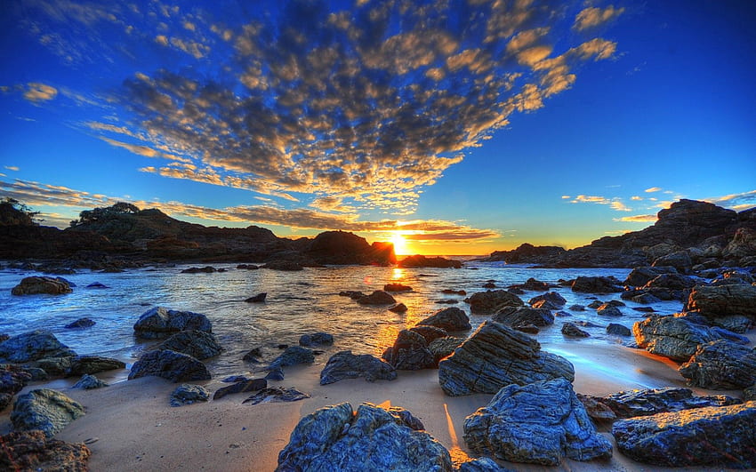 Natur, Sonnenuntergang, Steine, Himmel, Meer, Sonne, Wolken, Strand, Ufer, Ufer, Abend, r HD-Hintergrundbild