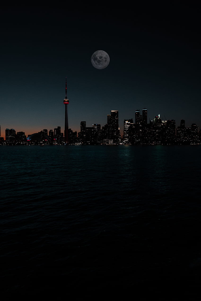 Water, Night, Moon, City, Building, Dark HD phone wallpaper