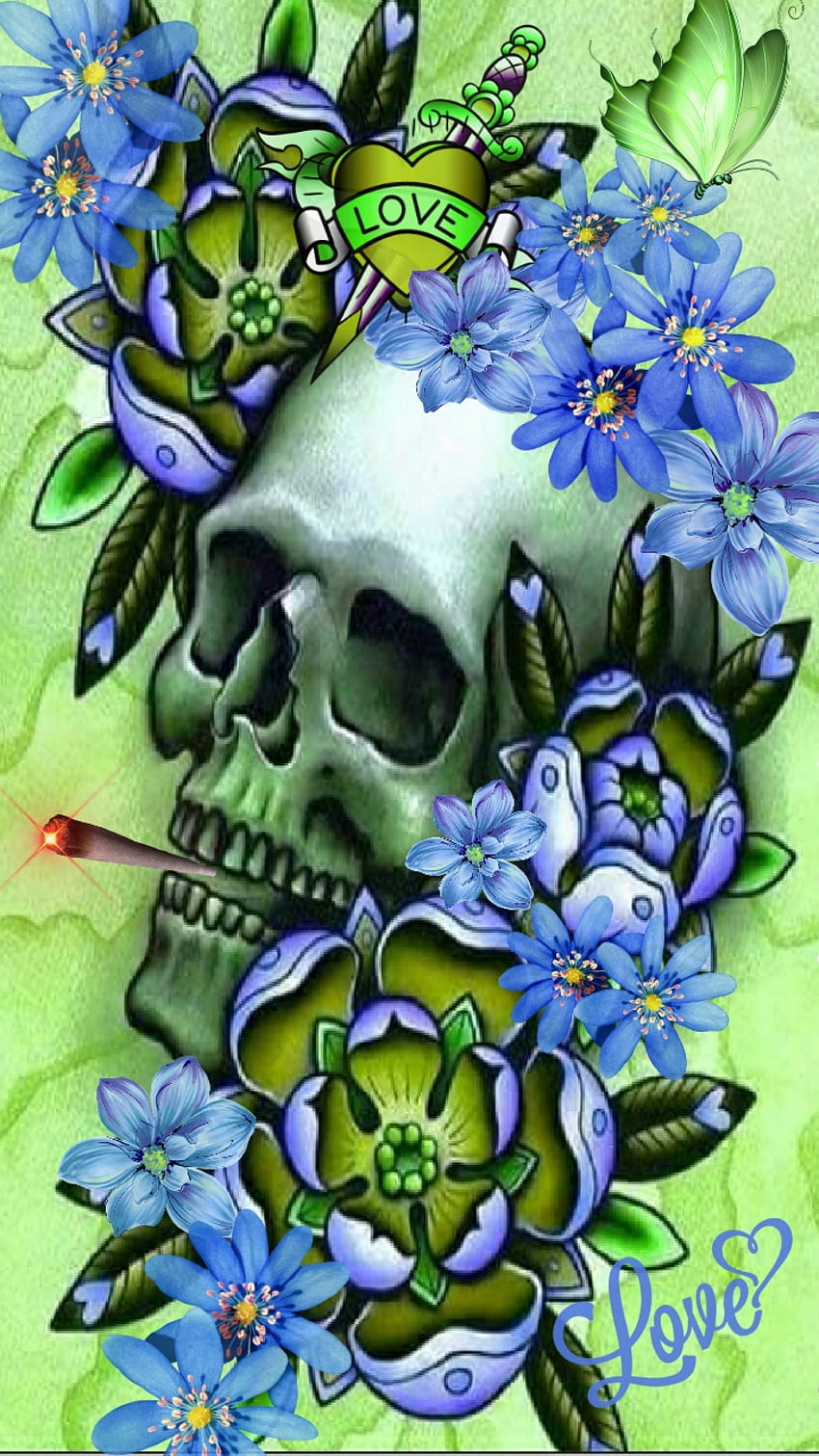 미치광이, 꽃, 설탕 두개골, 라임 그린, 흡연 HD 전화 배경 화면